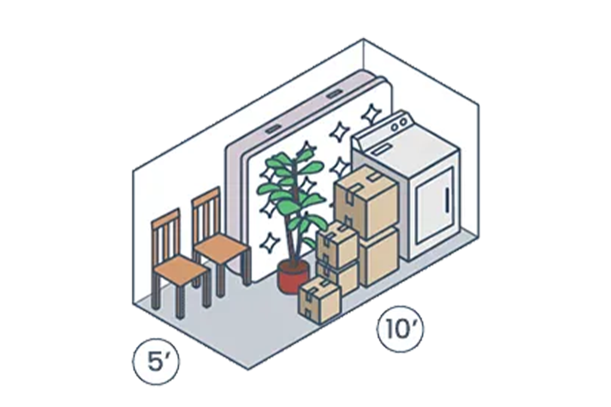 The image depicts a compact indoor storage space with two chairs, a plant, boxes, and a washing machine, measuring 5 by 10 feet.