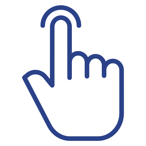 An outline of a hand with an extended index finger, suggesting a pressing or tapping motion, depicted in a simple blue design.