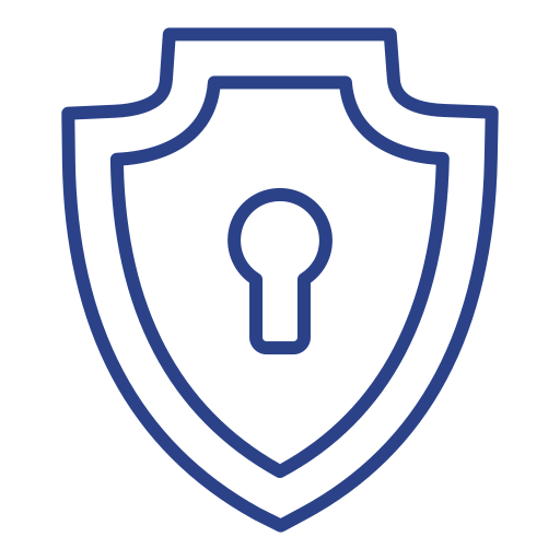 The image features a simple, stylized shield outline with a keyhole in the center, symbolizing security and protection.